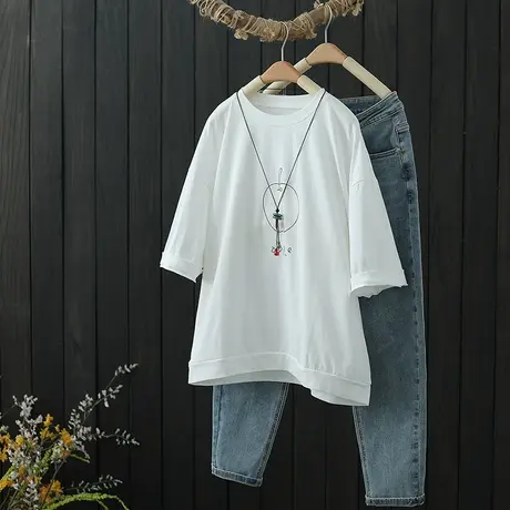 2022夏季新款文艺印花棉质T恤女舒适短袖上衣女装宽松圆领体恤衫商品大图