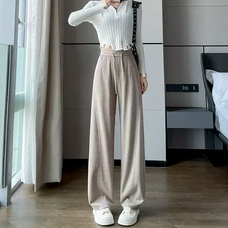 燕麦色针织阔腿裤女秋冬季高腰垂感羊绒显瘦羊毛休闲香蕉拖地裤子图片