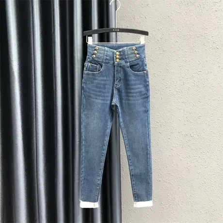 欧货重工纽扣设计感牛仔裤女2023冬季新款加绒加厚高腰显瘦铅笔裤图片