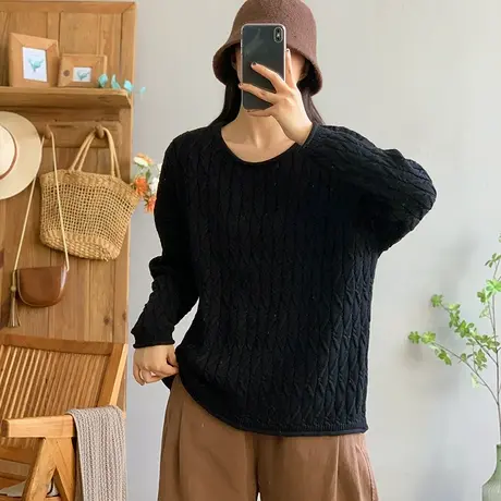 dza 复古纯色圆领套头长袖毛衣女秋冬内搭打底衫宽松针织衫上衣女图片