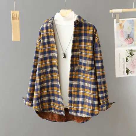 2024新款格子衬衫外套女秋冬加绒加厚百搭宽松中长款休闲上衣衬衣商品大图