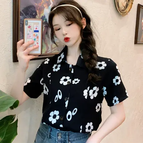 港风衬衫女士2020设计感小众轻熟心机洋气短袖百搭方领法式上衣夏图片