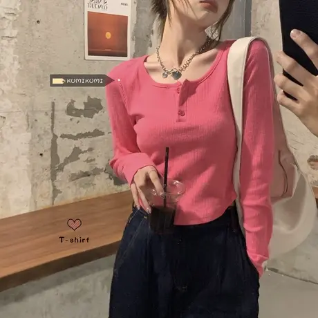 辣妹正肩短款长袖t恤女秋冬设计感小众修身内搭打底衫别致上衣服商品大图