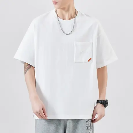夏季前口袋T恤男士夏装纯棉圆领上衣服男装短袖无领体恤男款夏款图片