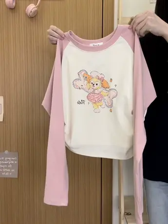 红续可爱卡通小熊插肩短款长袖T恤女甜妹小个子打底上衣秋冬新款商品大图