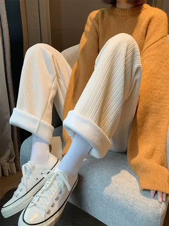 雪尼尔阔腿裤女春秋冬高腰垂感宽松直筒休闲裤加绒白色灯芯绒裤子图片