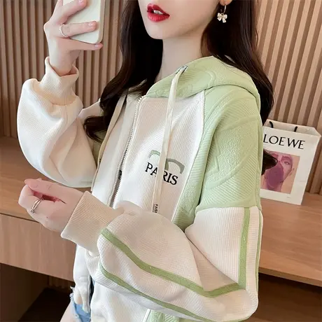 早秋装撞色外套女春秋季韩版宽松大码初秋薄款小个子连帽卫衣开衫商品大图