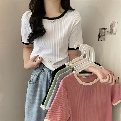 ins超火短袖t恤女夏季2024新款修身显瘦短款半袖上衣内搭打底小衫商品大图