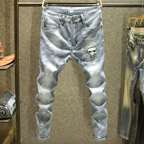 夏季弹力牛仔裤男士欧洲站烫钻修身小脚裤高端印花休闲男裤子薄款商品大图