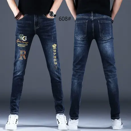 2023新款蓝色刺绣牛仔裤男士高端潮牌弹力男裤修身小脚休闲长裤子商品大图