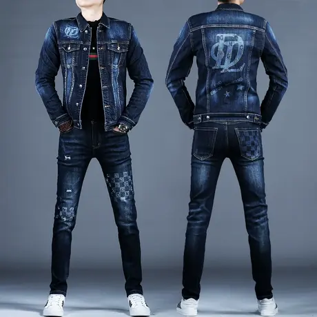 2023新款烫钻牛仔套装男士裤子潮流小脚修身牛仔外套上衣夹克秋冬商品大图