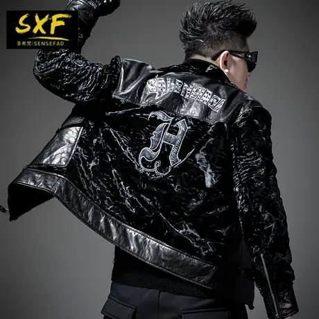 圣希梵男士皮衣外套 个性时尚潮牌真皮拼接刺绣机车金貂绒大衣男商品大图