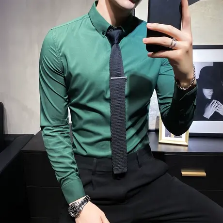 墨绿色衬衫男长袖潮流韩版商务正装衬衣英伦修身痞帅免烫休闲寸衣商品大图
