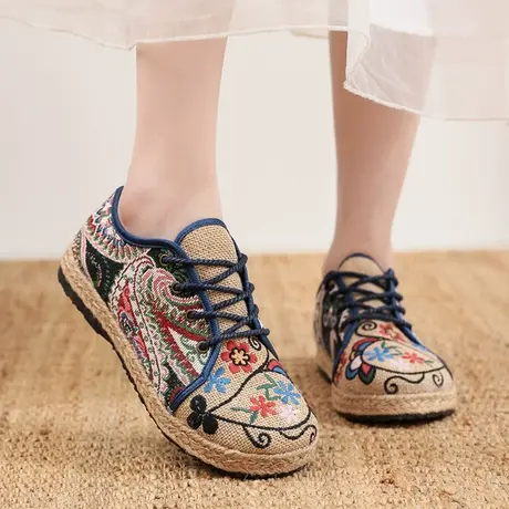 春秋季民族风系带老北京布鞋复古软底透气绣花鞋女亚麻圆头渔夫鞋商品大图