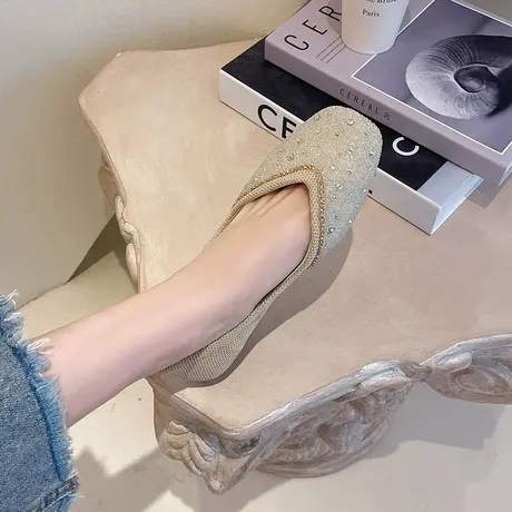 方头豆豆鞋女春季2023新款百搭水钻浅口平底职业工作女鞋休闲单鞋商品大图