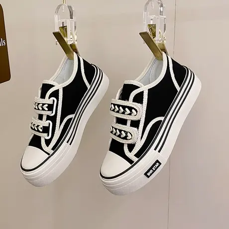 小香风帆布鞋女2023春秋季新款麦穗魔术贴小白鞋厚底老爹运动板鞋图片