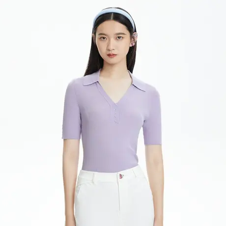 LANCY/朗姿短袖针织T恤夏季新款薄翻领短款女士商场同款奥莱商品大图