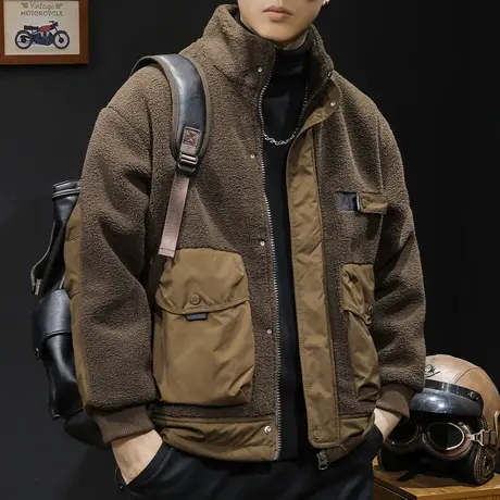 美式羊羔绒棉衣外套男冬季加厚2023新款男士休闲工装秋冬款保暖潮商品大图