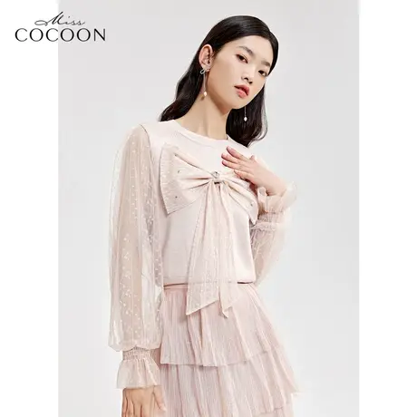 missCOCOON法式蝴蝶结毛针织衫女2023新款春季网纱拼接设计感上衣商品大图