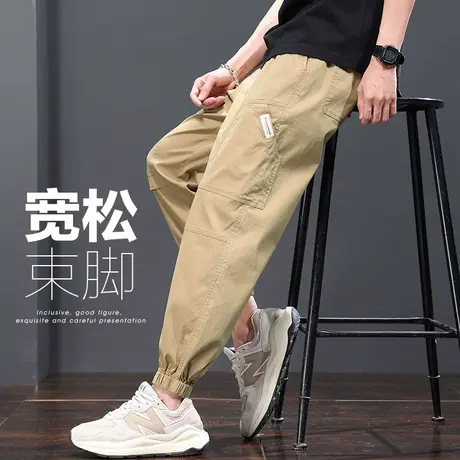 夏季薄款卡其色多口袋工装休闲裤男士束脚宽松夏天哈伦男裤子男款商品大图