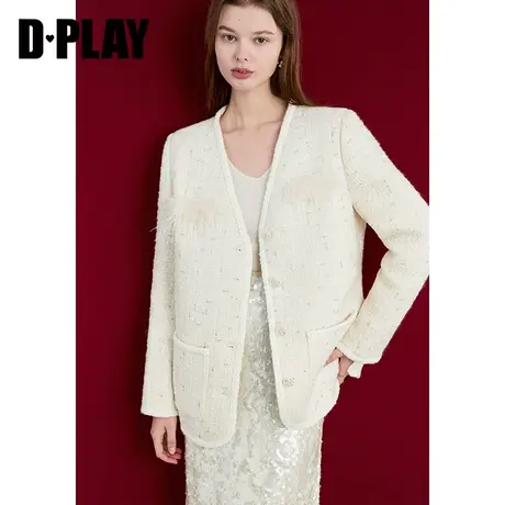 DPLAY冬小香羽绒服 富家千金轻奢杏色粗花呢加厚保暖外套商品大图