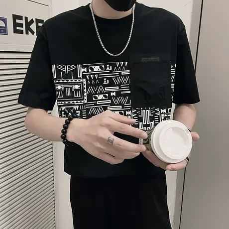 高级感拼接设计短袖潮牌痞帅半袖T恤2023新款夏季时尚休闲半截袖商品大图