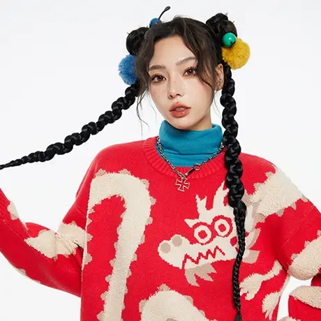 Nuthink2024新年提花红色针织衫龙年本命年毛衣男潮春节喜庆衣服商品大图