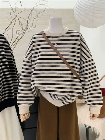 冬季新款毛巾线软糯宽松大码慵懒风条纹毛衣女卫衣休闲百搭上衣服图片