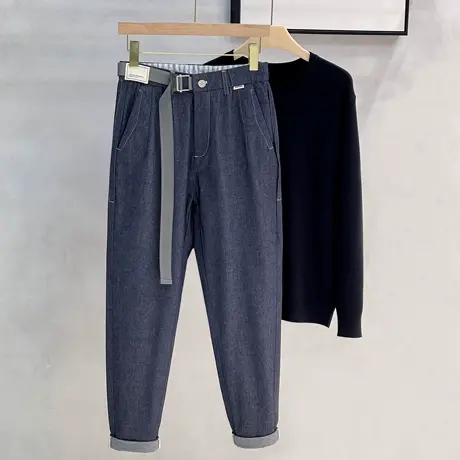 附腰带设计感日系原色牛仔裤男潮牌宽松直筒休闲长裤松紧腰锥形裤图片