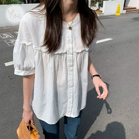 yoe2022夏新款短袖衬衫女圆领花边休闲白色上衣慵懒百搭法式甜美图片