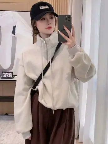 2023年秋冬新款韩版宽松高领拉链设计通勤休闲百搭加绒套头卫衣女商品大图