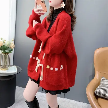 新年战袍红色复古牛角扣毛衣外套女春季2024新款宽松百搭针织开衫商品大图