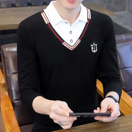 潮牌刺绣秋季新款长袖polo衫男士韩版潮流青年休闲翻领t恤打底衫商品大图