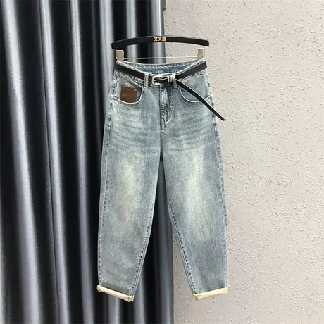 欧货高腰鹿皮绒复古牛仔老爹裤女2024春季新款宽松显瘦哈伦裤长裤商品大图