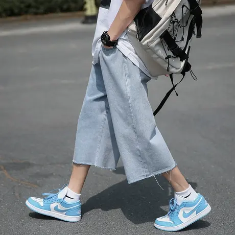 直筒牛仔裤男宽松2023夏季新款港风复古高街七分裤做旧毛边设计感商品大图