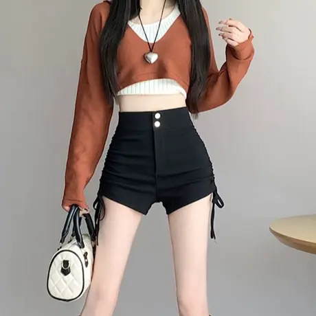 黑色抽绳短裤子女2024新款夏季高腰显瘦包臀性感辣妹弹力紧身热裤商品大图