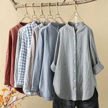 春秋韩版文艺双层棉纱竖条纹中长款长袖衬衫女可挽袖格子上衣外套商品大图