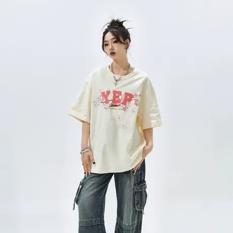 YEP复古潮牌印花短袖t恤女2024夏季新款情侣装半袖宽松纯棉上衣图片