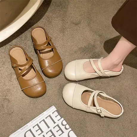 外穿包头半拖鞋女鞋2024年春季新款轻便百搭ins超火玛丽珍平底鞋商品大图