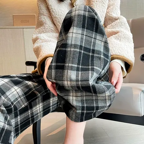复古黑白格子裤子女2024春秋新款高腰显瘦宽松休闲拖地直筒阔腿裤商品大图