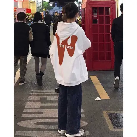 美式复古潮牌卫衣女秋冬加绒oversize原创小众设计感慵懒连帽外套图片