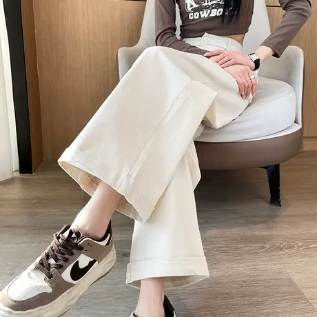 杏色卷边西装裤女春夏高腰垂感休闲宽松直筒裤小个子八九分阔腿裤商品大图