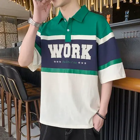 夏季男士t恤潮牌港风拼接撞色刺绣青少年学生短袖翻领polo衫纯棉T商品大图