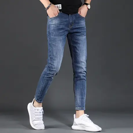 秋季九分牛仔裤男修身小脚2023新款经典蓝色弹力休闲男士裤子9分商品大图