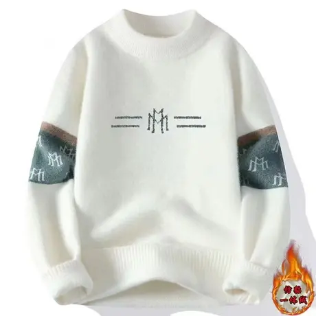 2023冬季新款男士加绒加厚仿貂绒毛衣修身个性针织衫潮流线衣线衫商品大图