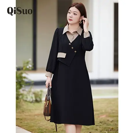 大码女装假两件套连衣裙早春新款气质收腰A字显瘦胖MM衬衫裙长袖商品大图