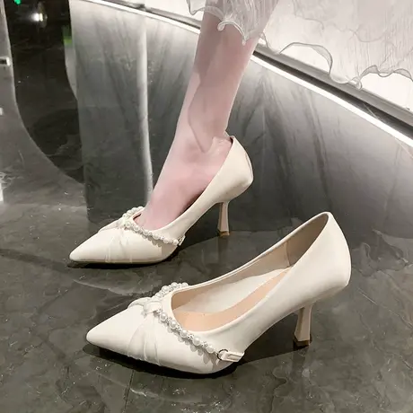单鞋女2024年春秋季新款一脚蹬女鞋子珍珠尖头法式百搭细跟高跟鞋商品大图