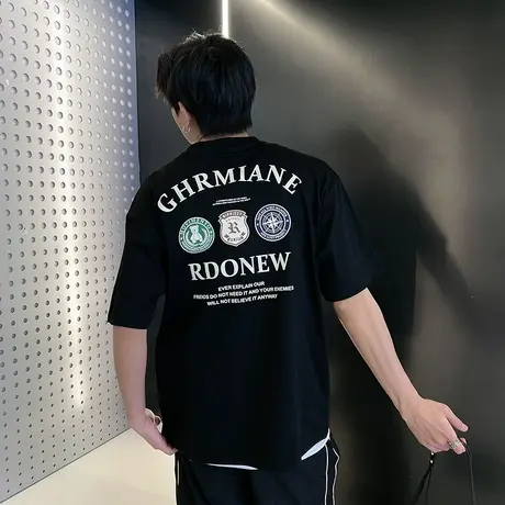 夏季短袖T恤ins爆款韩版痞帅宽松印花字母半袖上衣男装体恤半截袖商品大图