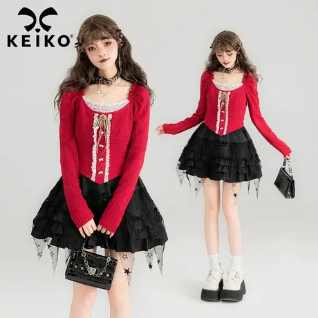 KEIKO 甜辣妹蕾丝花边方领上衣女24春夏法式复古修身显瘦外穿小衫商品大图