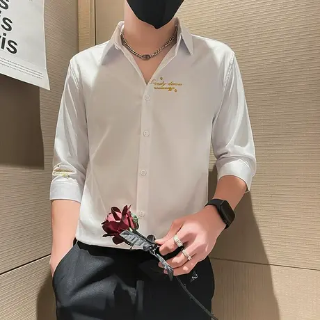 高级感男士七分袖刺绣字母衬衫夏季新款潮流休闲ins半袖衬衫上衣商品大图